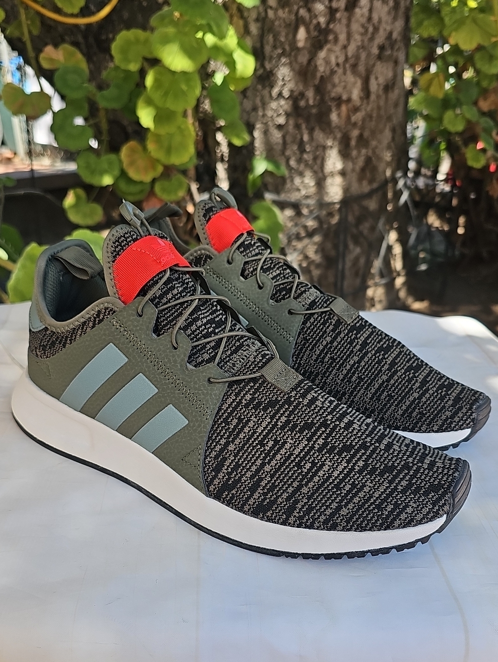 adidas Olive Green/Black Knit Sneakers with Red Tongue Accent XPLR